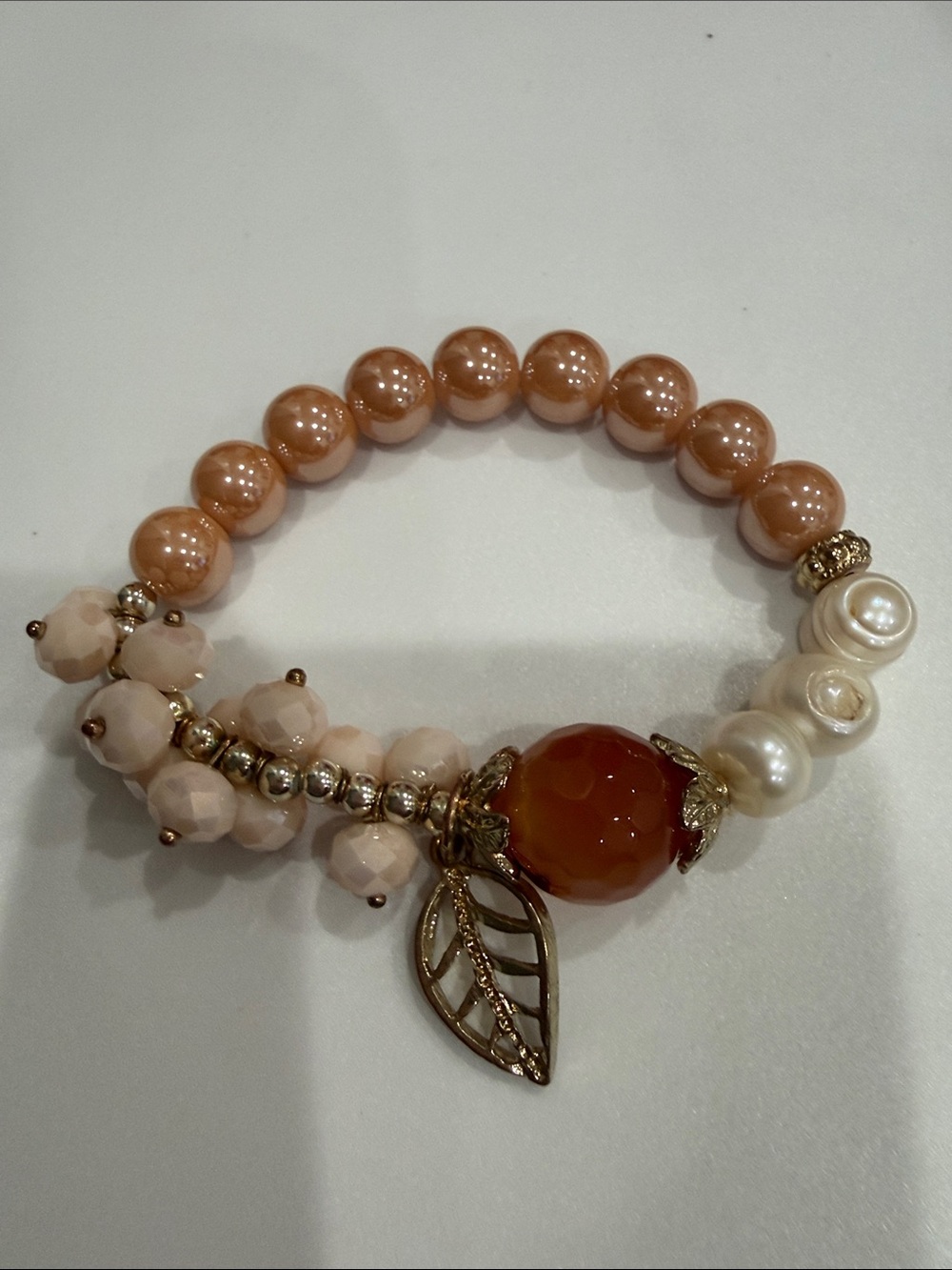 Handcrafted Peach Pearl & Carnelian Charm Bracelet